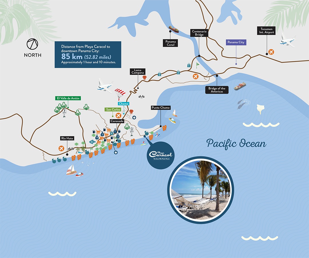 Mapa que muestra la distancia desde Playa Caracol hasta el centro de Ciudad de Panamá