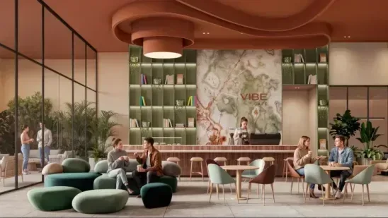 cafe The ground-floor coffee shop, with a ribbed terracotta ceiling, a bar counter backed by a botanical mural and green shelving, and residents on low sofas among planting