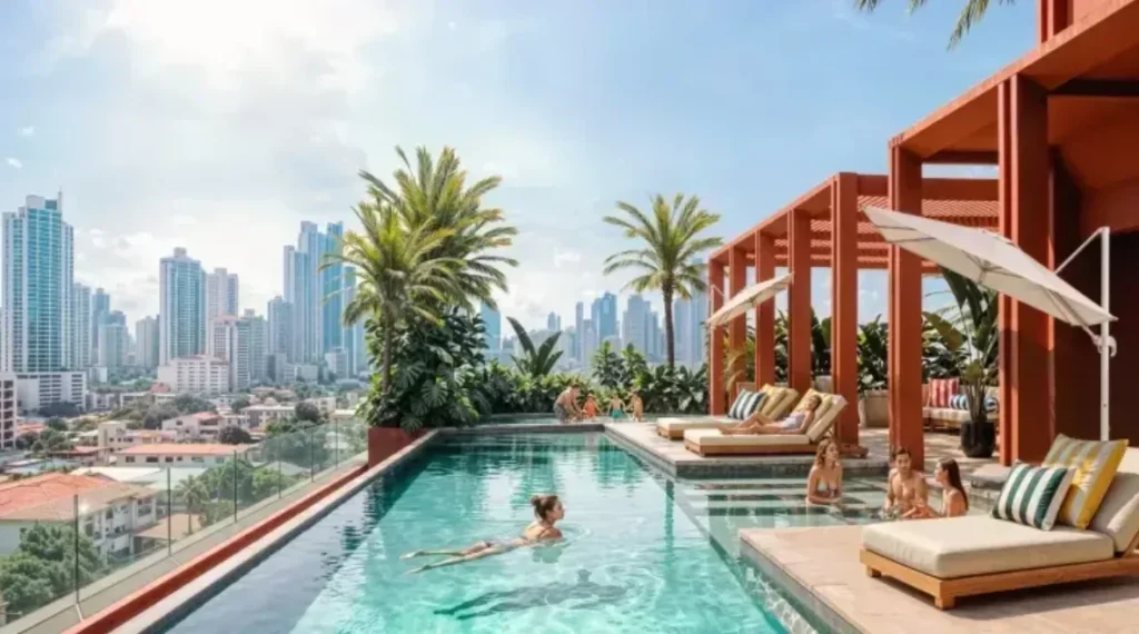 pool A swimmer in the rooftop infinity pool, with parasols and sun loungers under a terracotta pergola and the Panama City skyline behind
