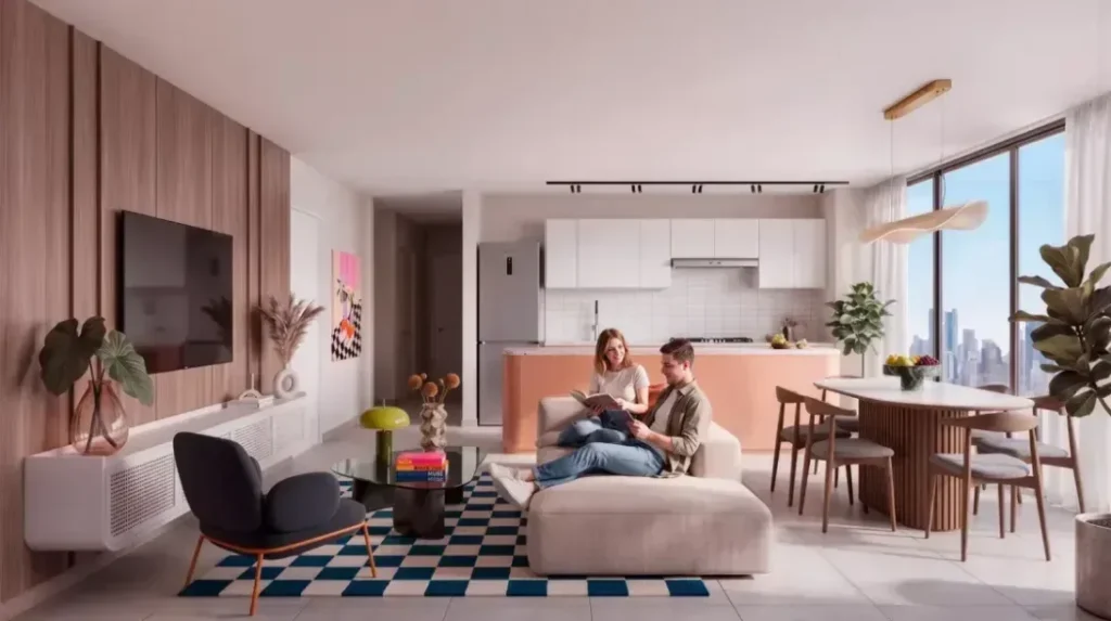 residence-2 An open living, dining and kitchen space with terracotta cabinetry, an island with stools, a checkerboard tiled entry and city views through full-height glass